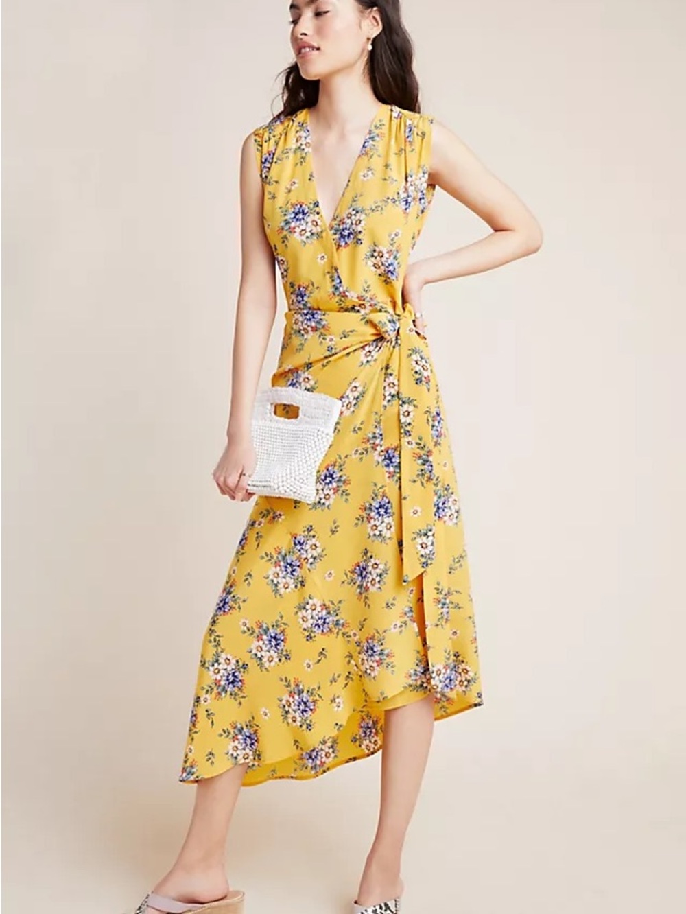 Yumi Kim Yellow 100% Silk Floral Wrap Dress with Blue & White Blooms